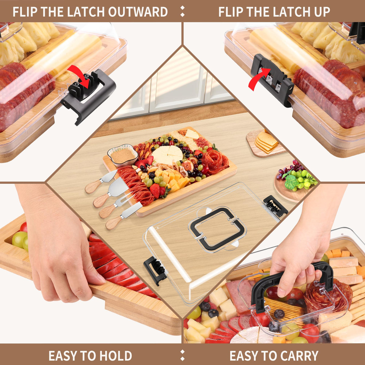 CAWIU bamboo board used as cutting and serving surface for cheese and snacks.