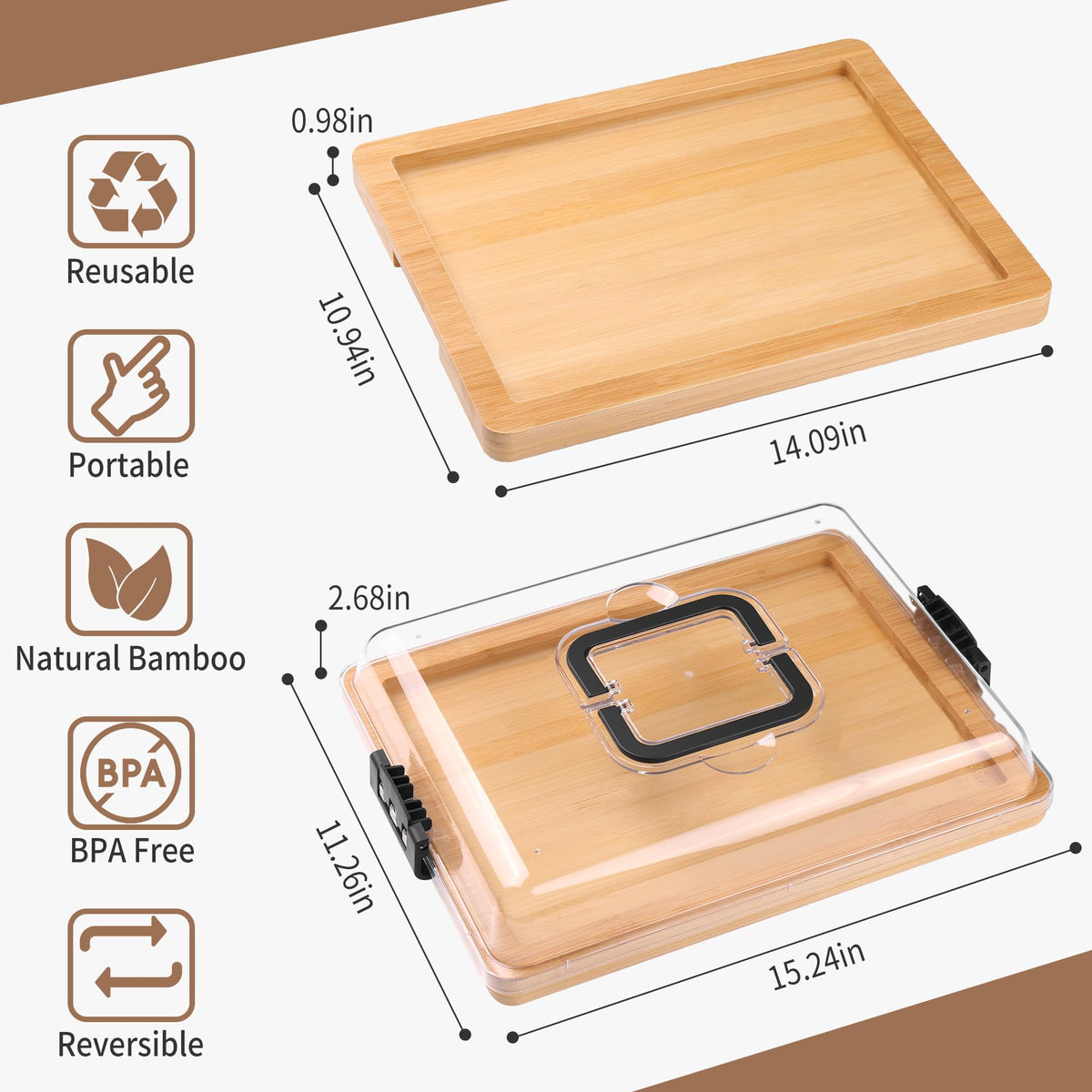 Locking lid protects foods during transport on CAWIU charcuterie board.