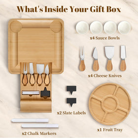 CAWIU charcuterie board with hidden drawer and knives keeps serving tools organized.