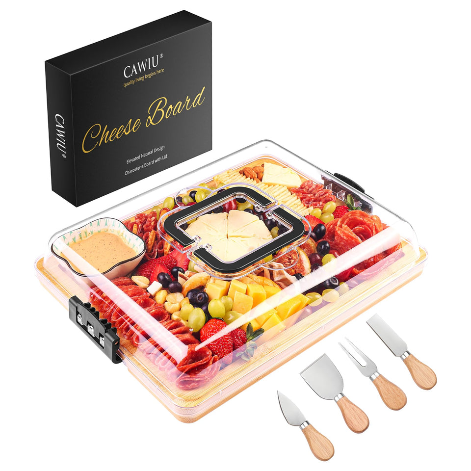 CAWIU charcuterie board with lid and handle for travel and secure transport.