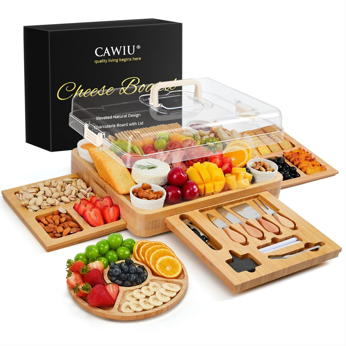 CAWIU Charcuterie Board with Lid keeps foods fresh while elevating presentation.