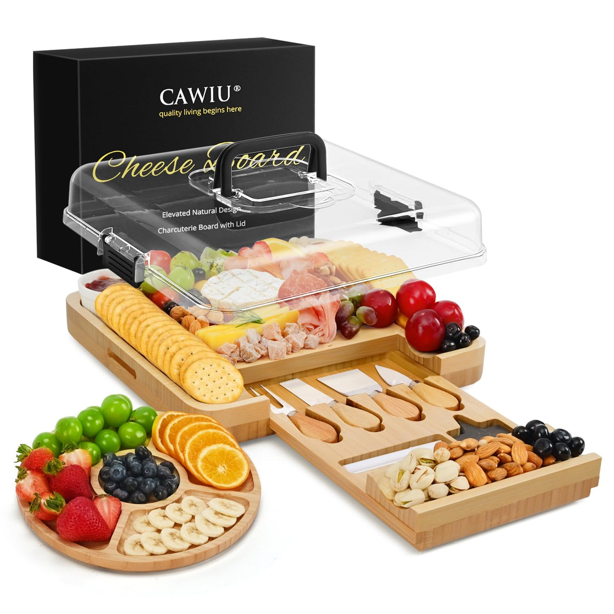 CAWIU premium charcuterie board with lid keeps snacks fresh and portable.