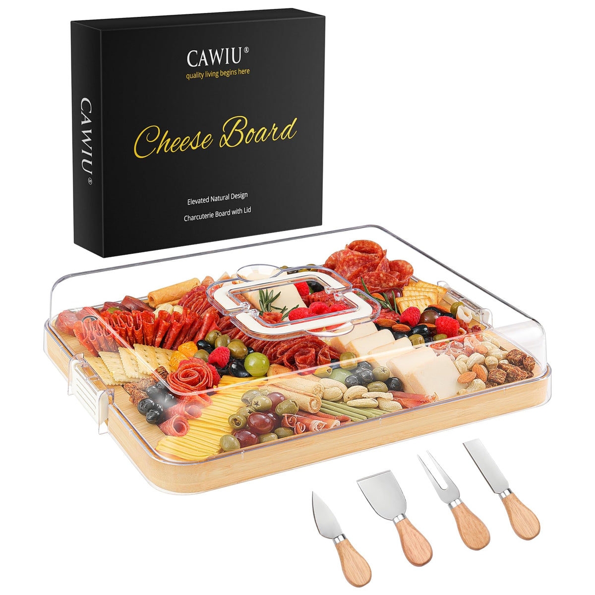 CAWIU portable charcuterie board with lid and handle for travel