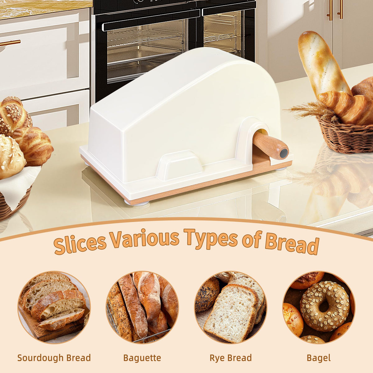 CAWIU bread slicer red crank mechanism enables easy, hands-on slicing.