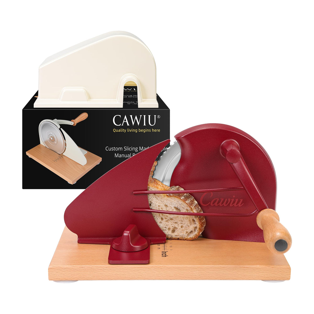 CAWIU Upgraded manual bread slicer with red hand crank for precise, even slices.
