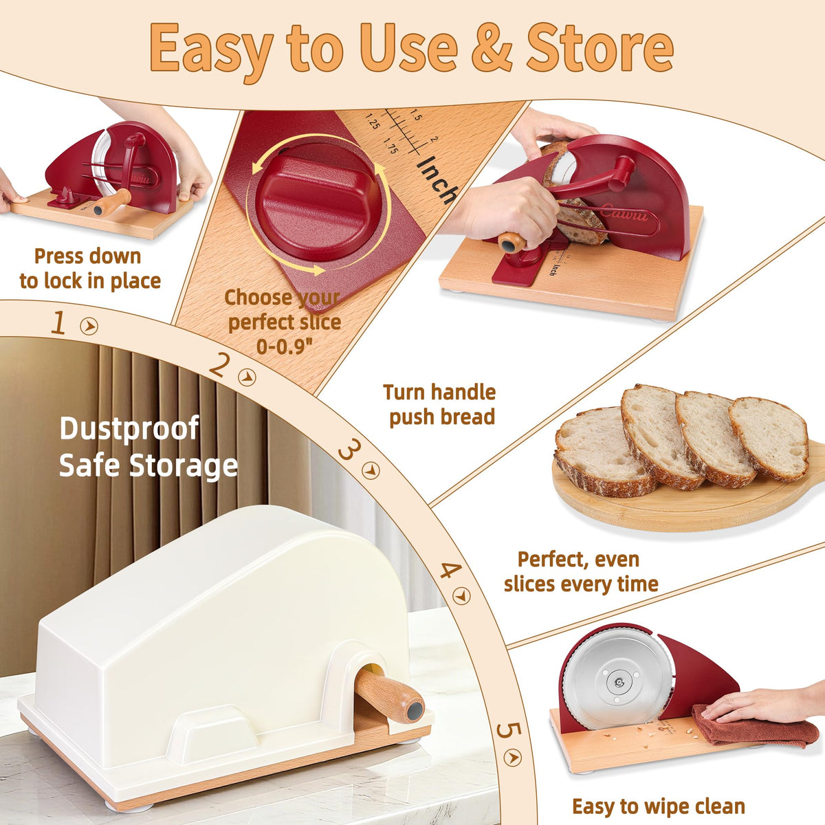 CAWIU bread slicer red lid and cover for safe, hygienic storage.
