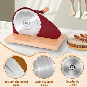 CAWIU bread slicer red shows scale line for adjustable thickness control.