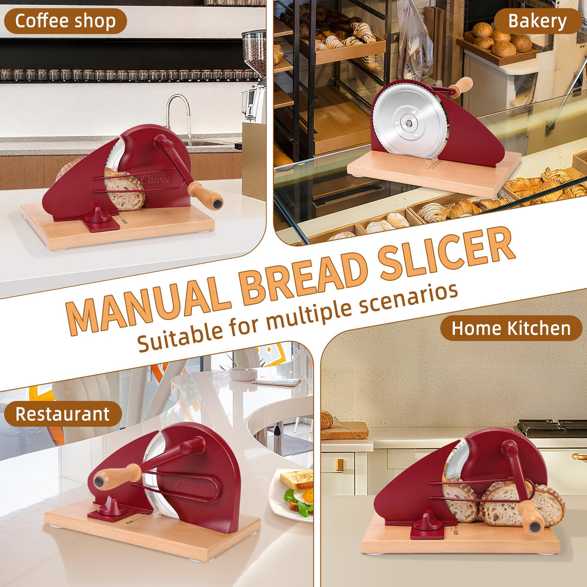 CAWIU bread slicer wooden base provides sturdy support during slicing.