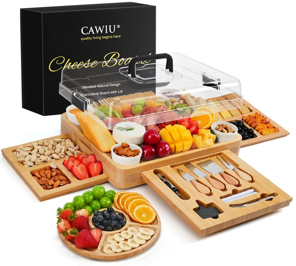 CAWIU charcuterie board with clear lid preserves freshness, showcases items