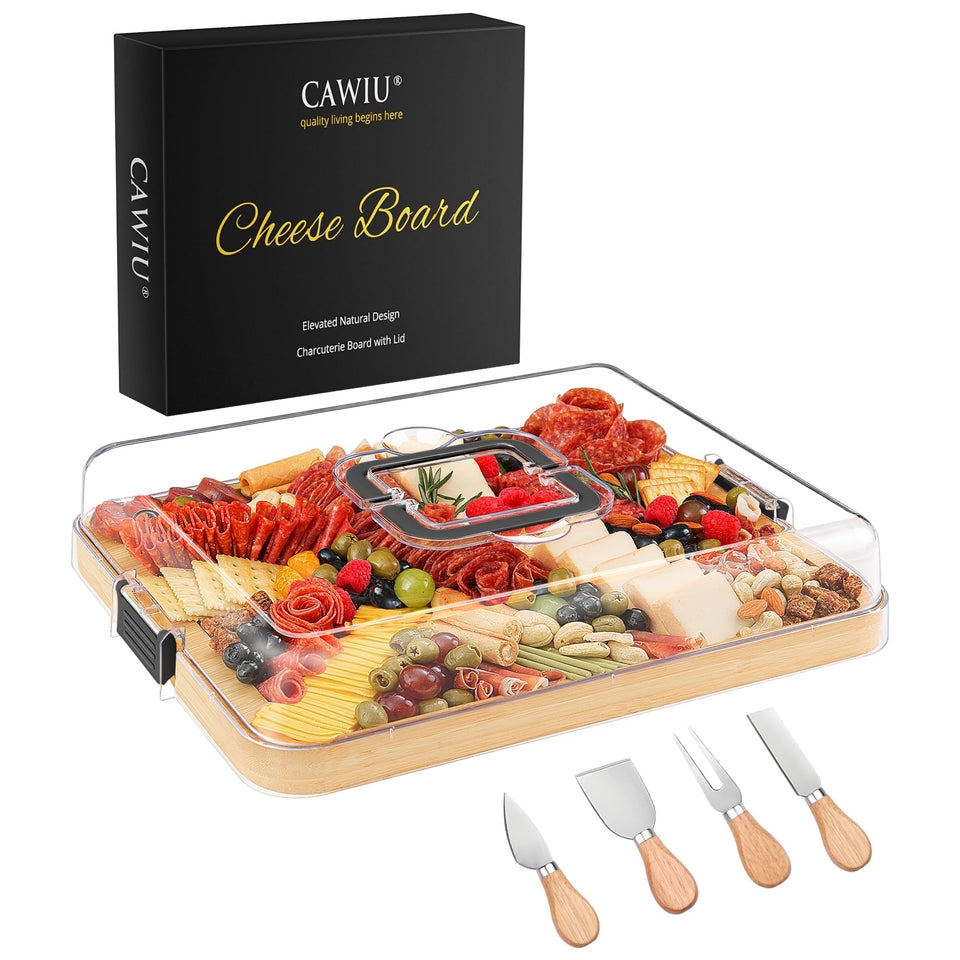 CAWIU travel charcuterie board with lid and handle for secure transport during outdoor use