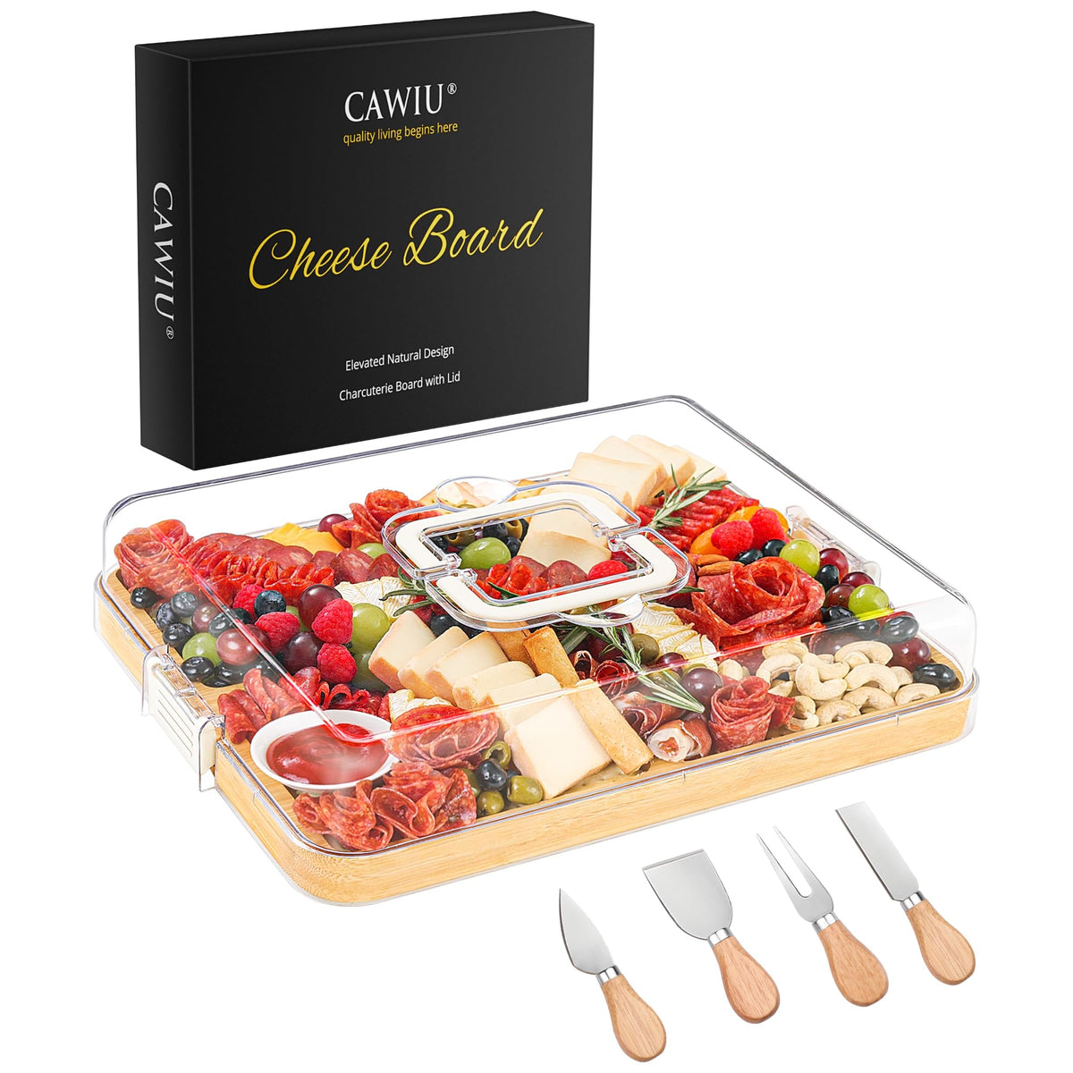 CAWIU bamboo charcuterie board with lid and handle keeps snacks secure during transport.