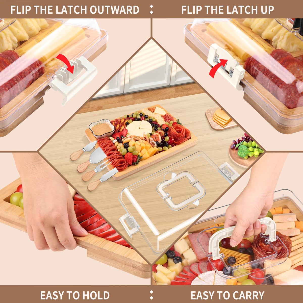 CAWIU charcuterie board lid open view shows dual-function design for cutting and serving