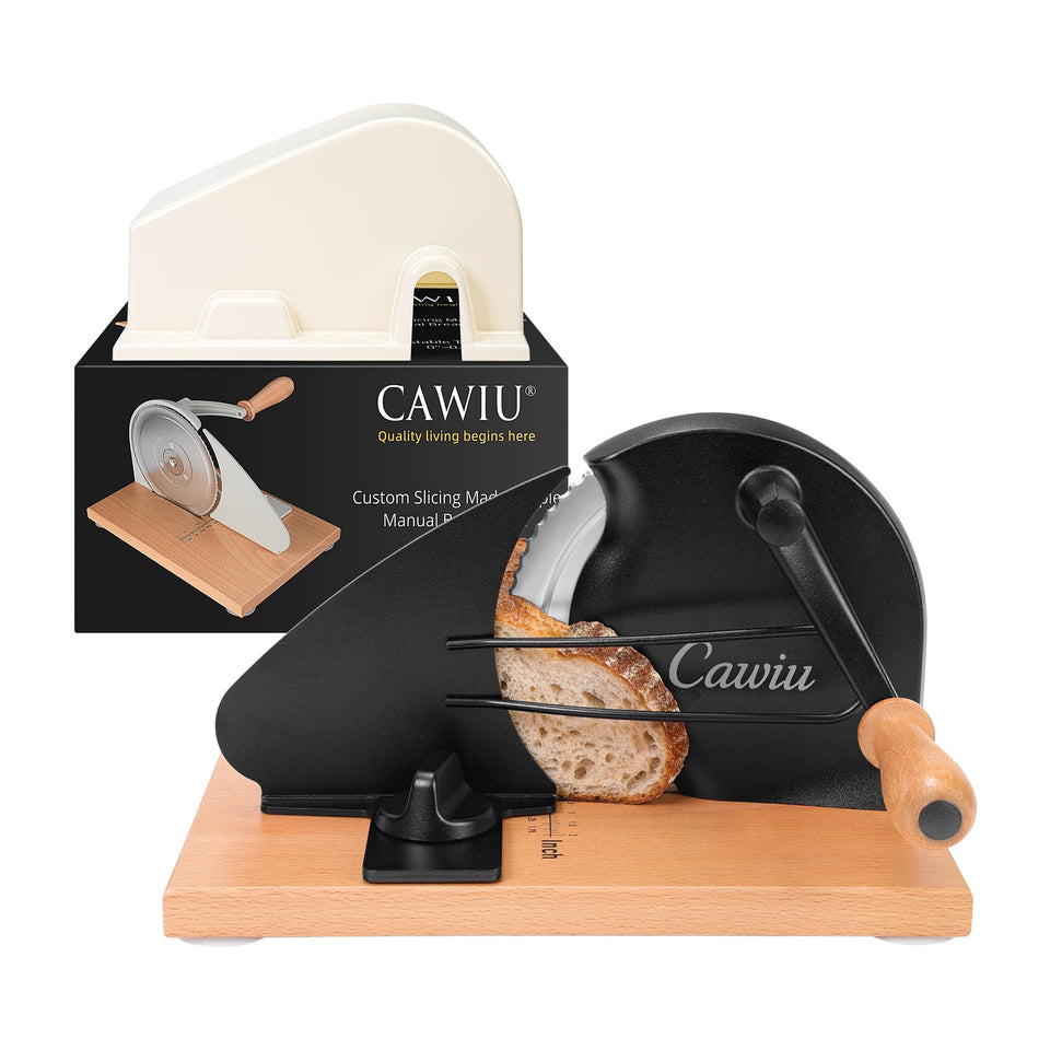 CAWIU bread slicer with adjustable thickness dial for precise sourdough slices