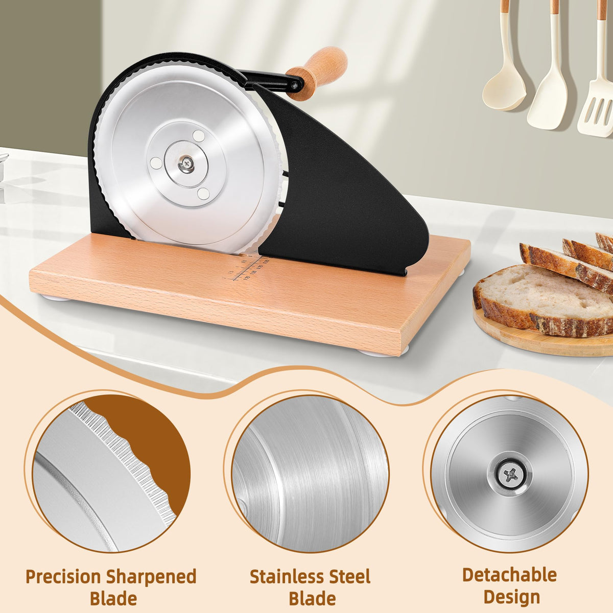 CAWIU bread slicer metal guide enabling jam-free crusty loaf slicing