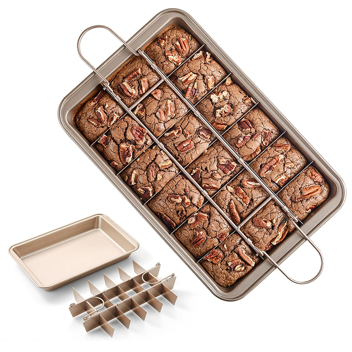 Cayanmydery brownie pan with divider creates 18 evenly sized brownies for uniform portions.