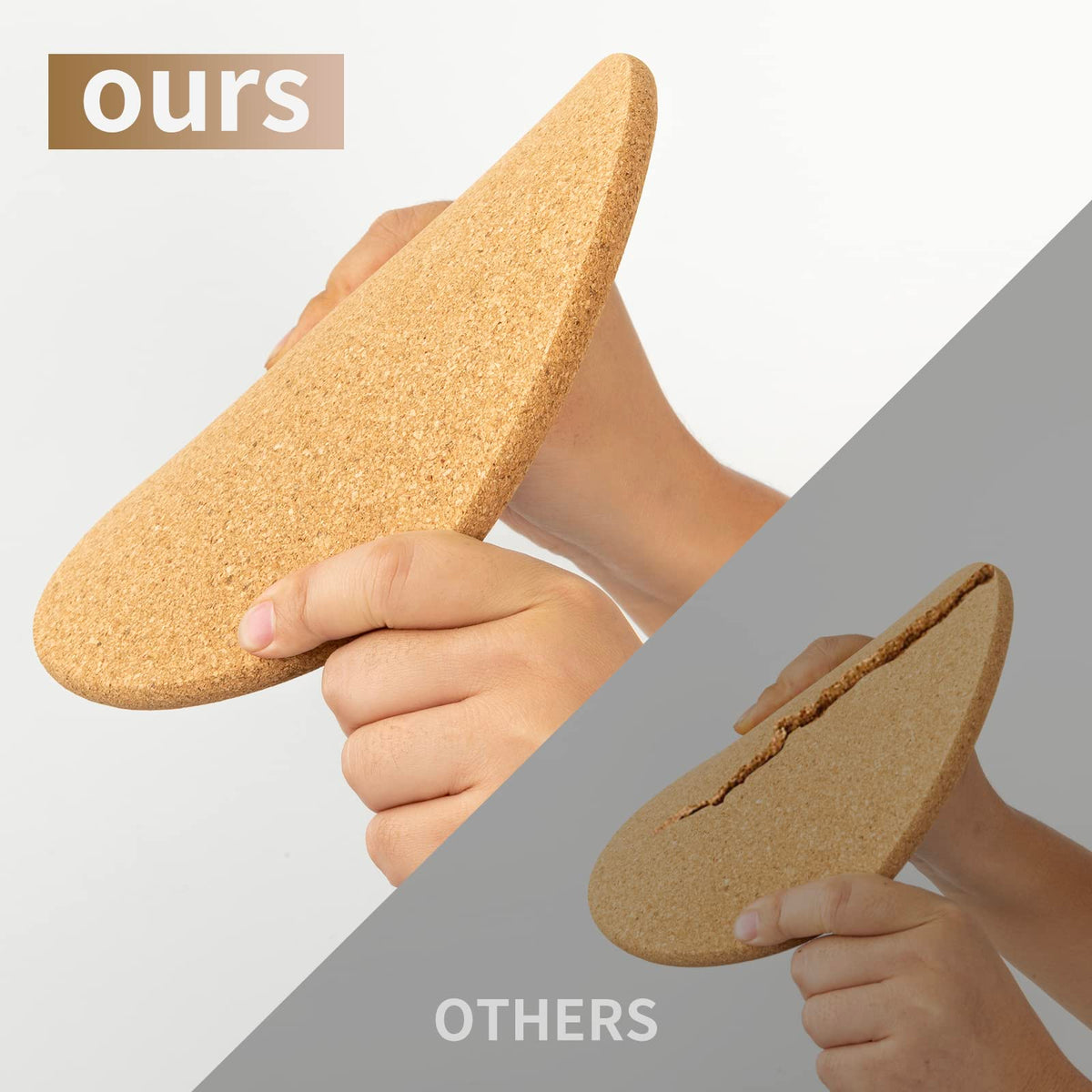 Eight-inch cork trivets shown with pots, offering sturdy support for cooking sessions.