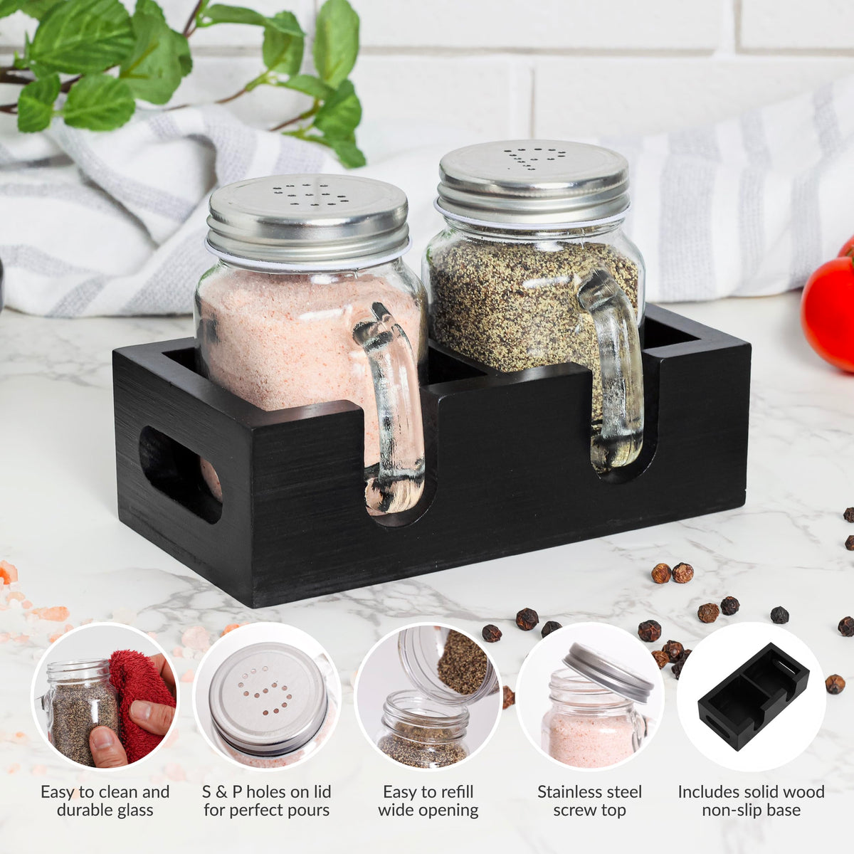CB Accessories salt and pepper shakers with clear glass jars and stainless steel lids for daily use.