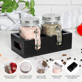 CB Accessories salt and pepper shakers with clear glass jars and stainless steel lids for daily use.