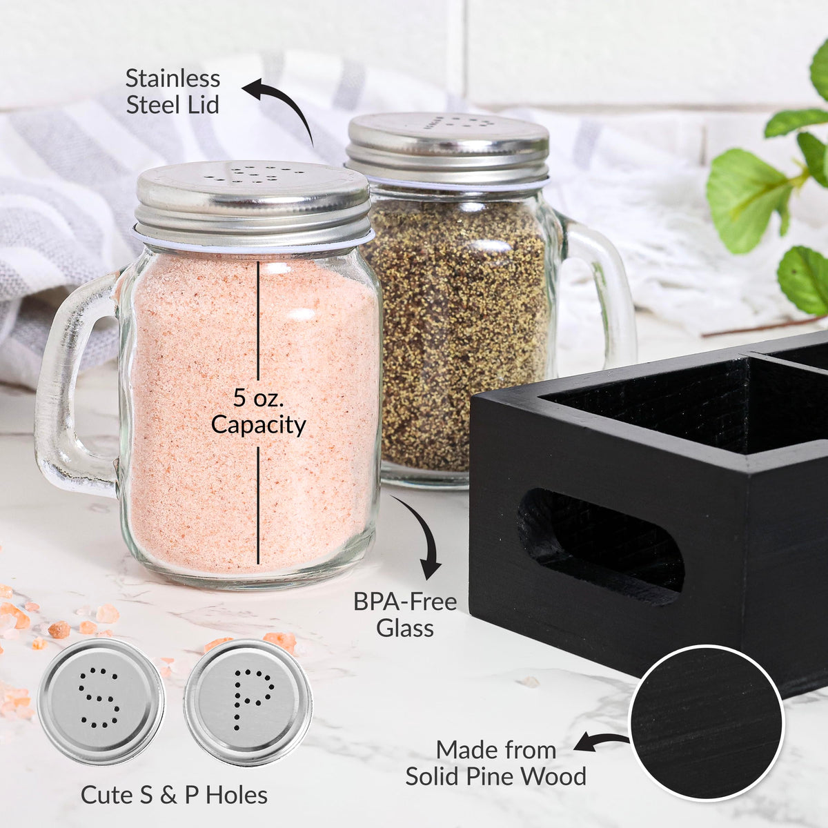 CB Accessories Mason jar salt and pepper shakers sit in a solid wood caddy for organized counters.