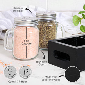 CB Accessories Mason jar salt and pepper shakers sit in a solid wood caddy for organized counters.