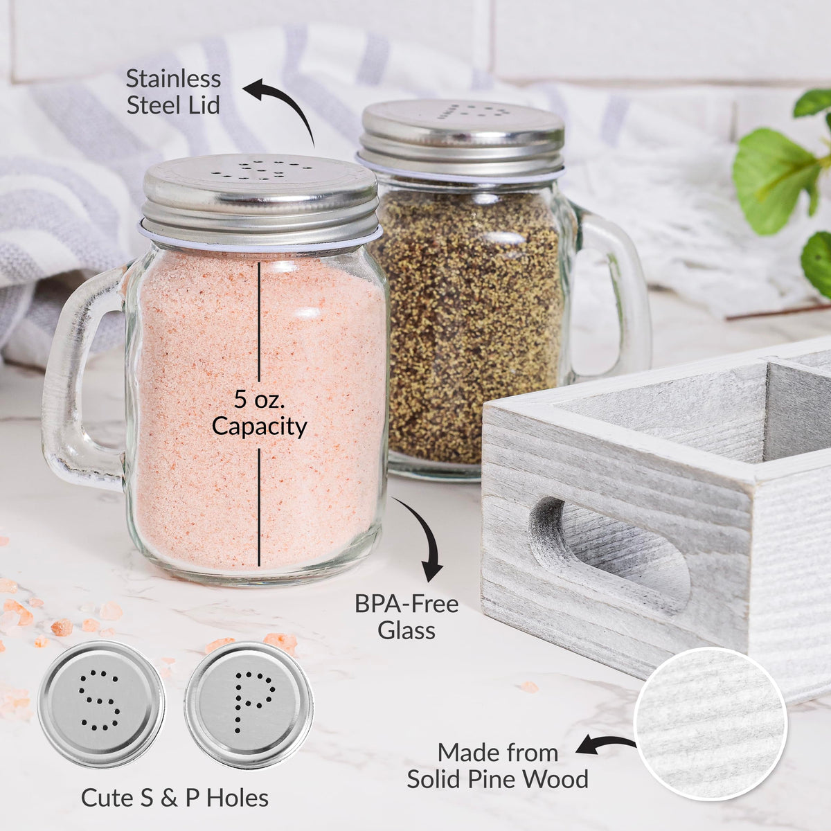 CB Accessories wood holder caddy keeps salt and pepper shakers organized on counter.