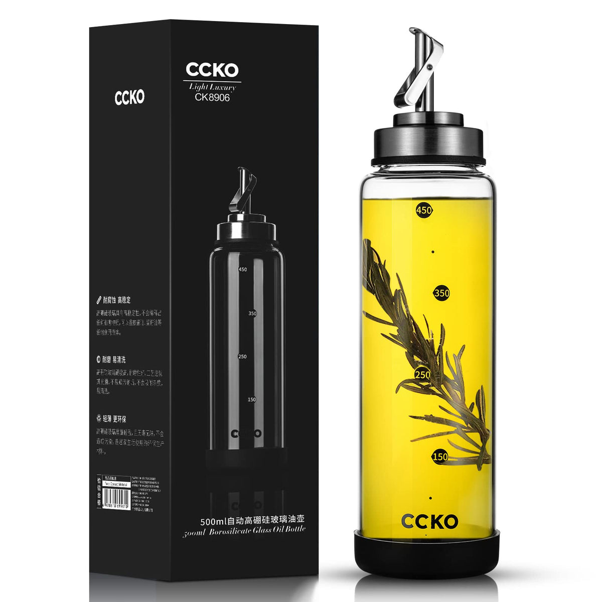CCKO glass olive oil dispenser bottle with clear borosilicate glass for durable storage.