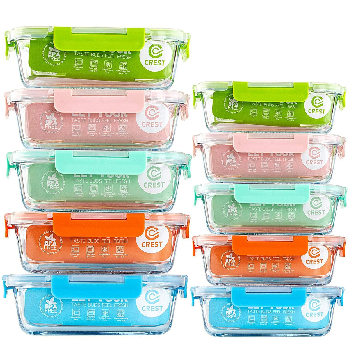 C CREST glass food storage containers set with varied colors for organized meal prep.