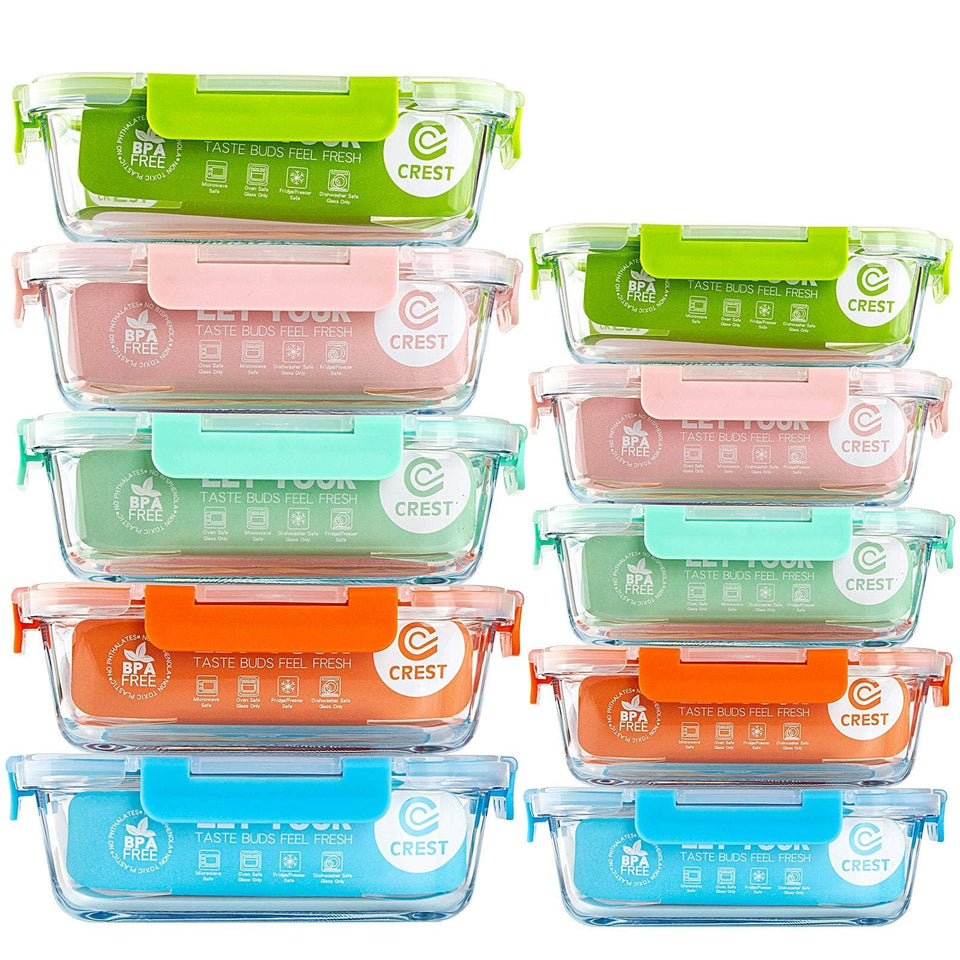 C CREST glass food storage containers set with varied colors for organized meal prep.