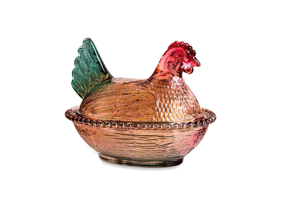 ccsxqy Vintage glass hen-nest-dish-lid adds vintage charm to a kitchen centerpiece.