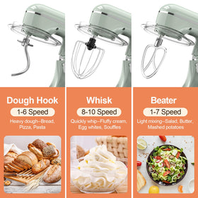 CEBORY dough-hook attachment with green mixer for kneading dough.