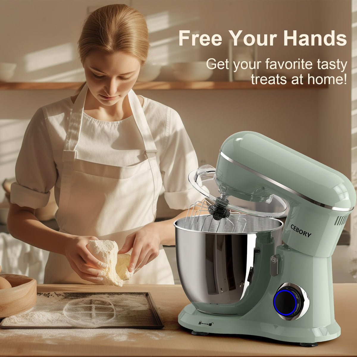 CEBORY green stand mixer bowl closeup showing spacious 6.5QT capacity.