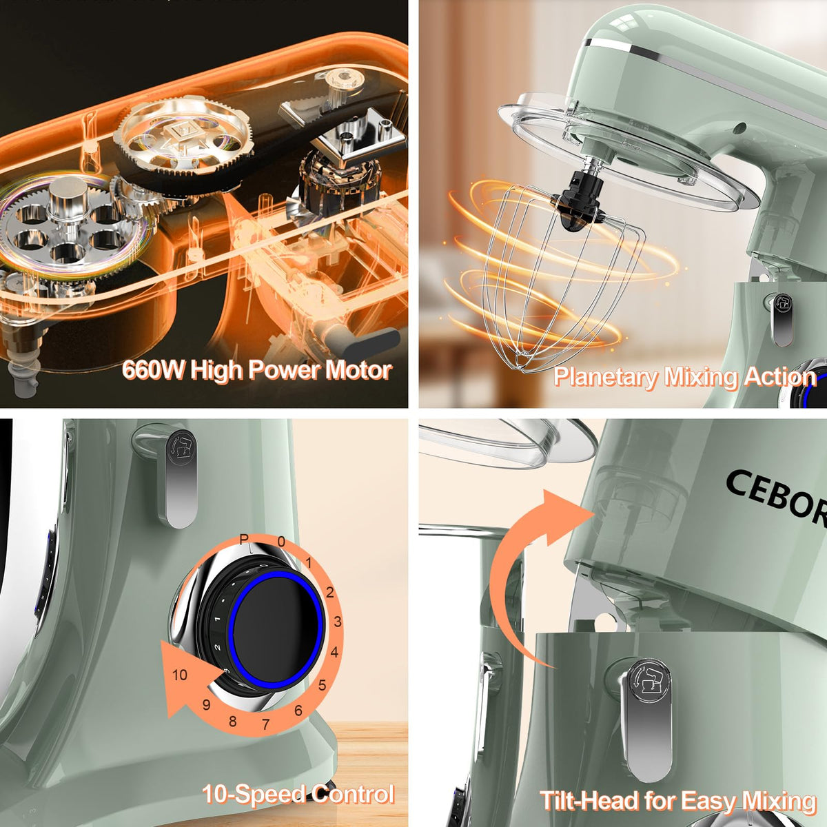 CEBORY green stand mixer bowl with attachments ready for versatile mixing.
