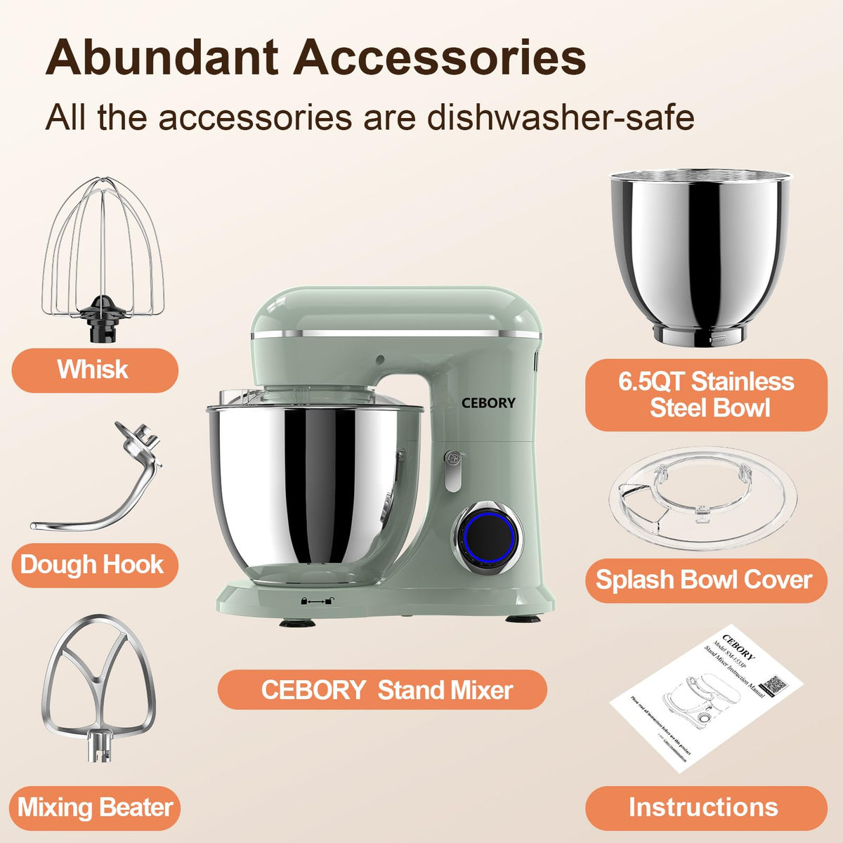 CEBORY stand mixer green tilt-head demonstrates easy attachment changes for flexible cooking.