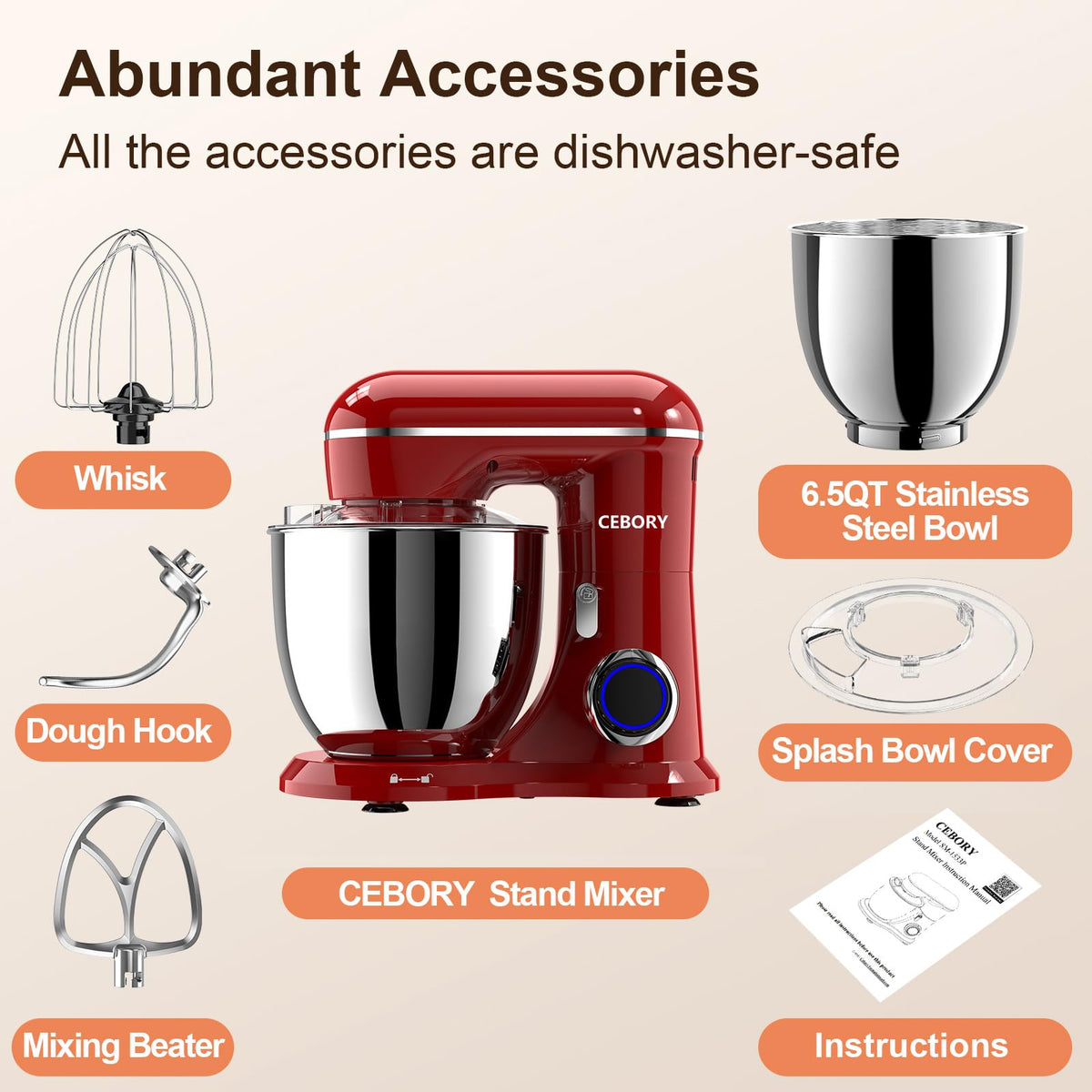CEBORY stand mixer bowl and attachments ready for dough, batter, and whisking