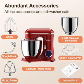 CEBORY stand mixer bowl and attachments ready for dough, batter, and whisking
