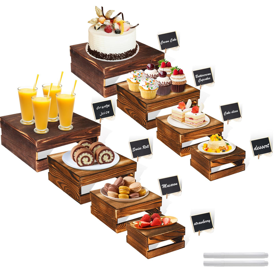 Cecnamt buffet risers set elevates desserts for an elegant buffet display.