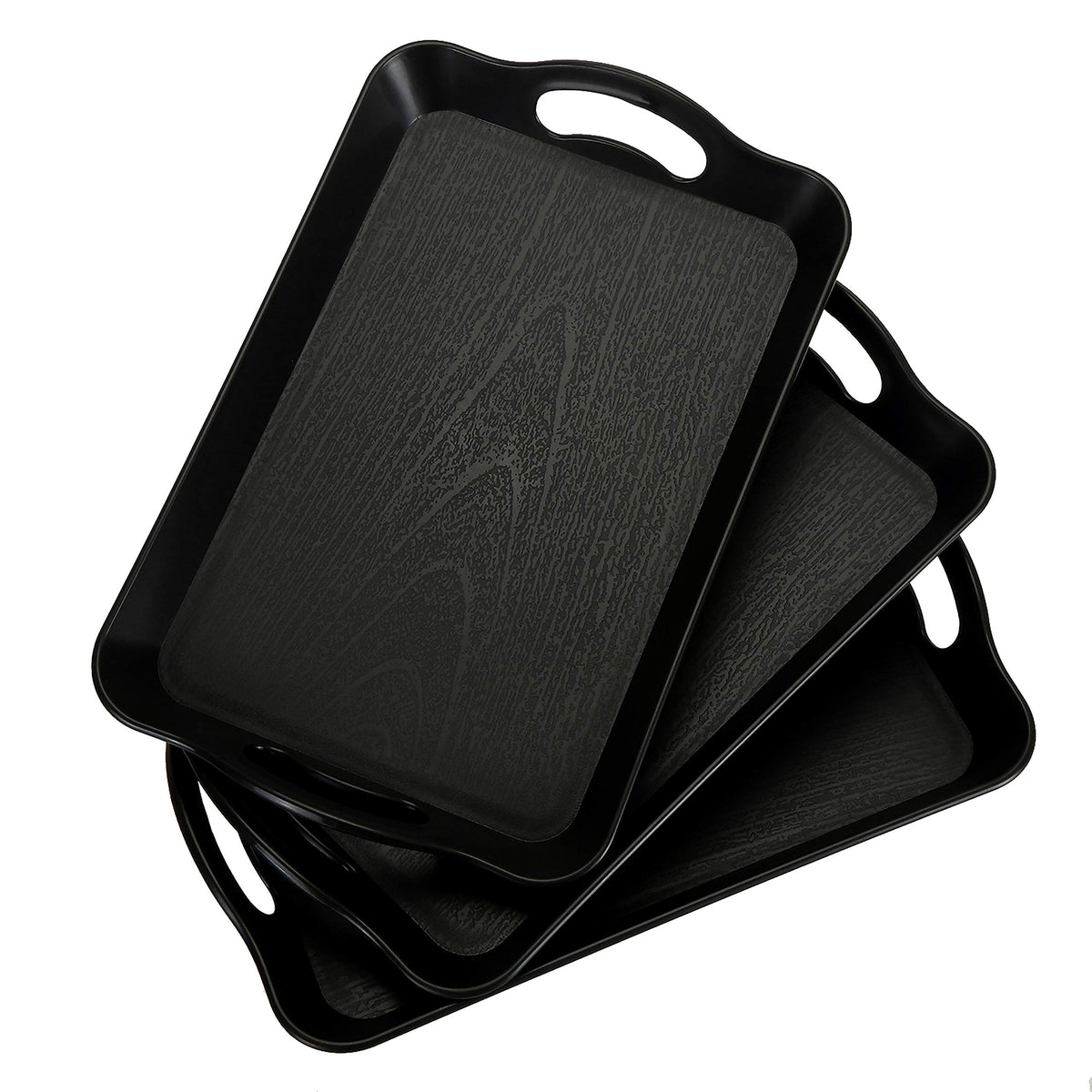 Cedilis 3-pack black serving trays with handles provide easy transport for drinks and snacks.