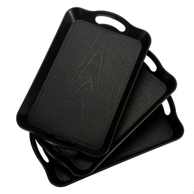 Cedilis 3-pack black serving trays with handles provide easy transport for drinks and snacks.