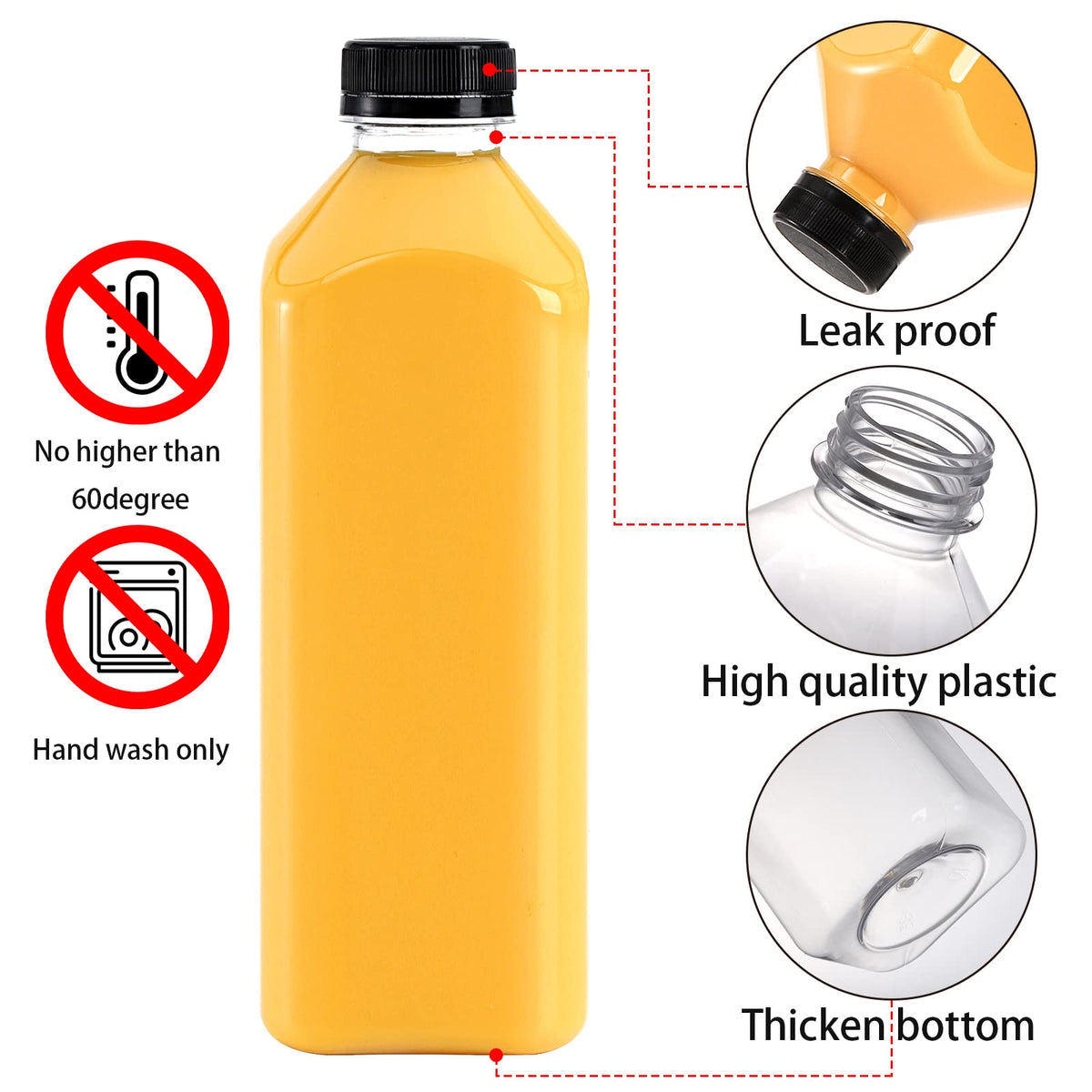 Cedilis clear 33oz bottles with lids, ideal for smoothies and fresh juice.
