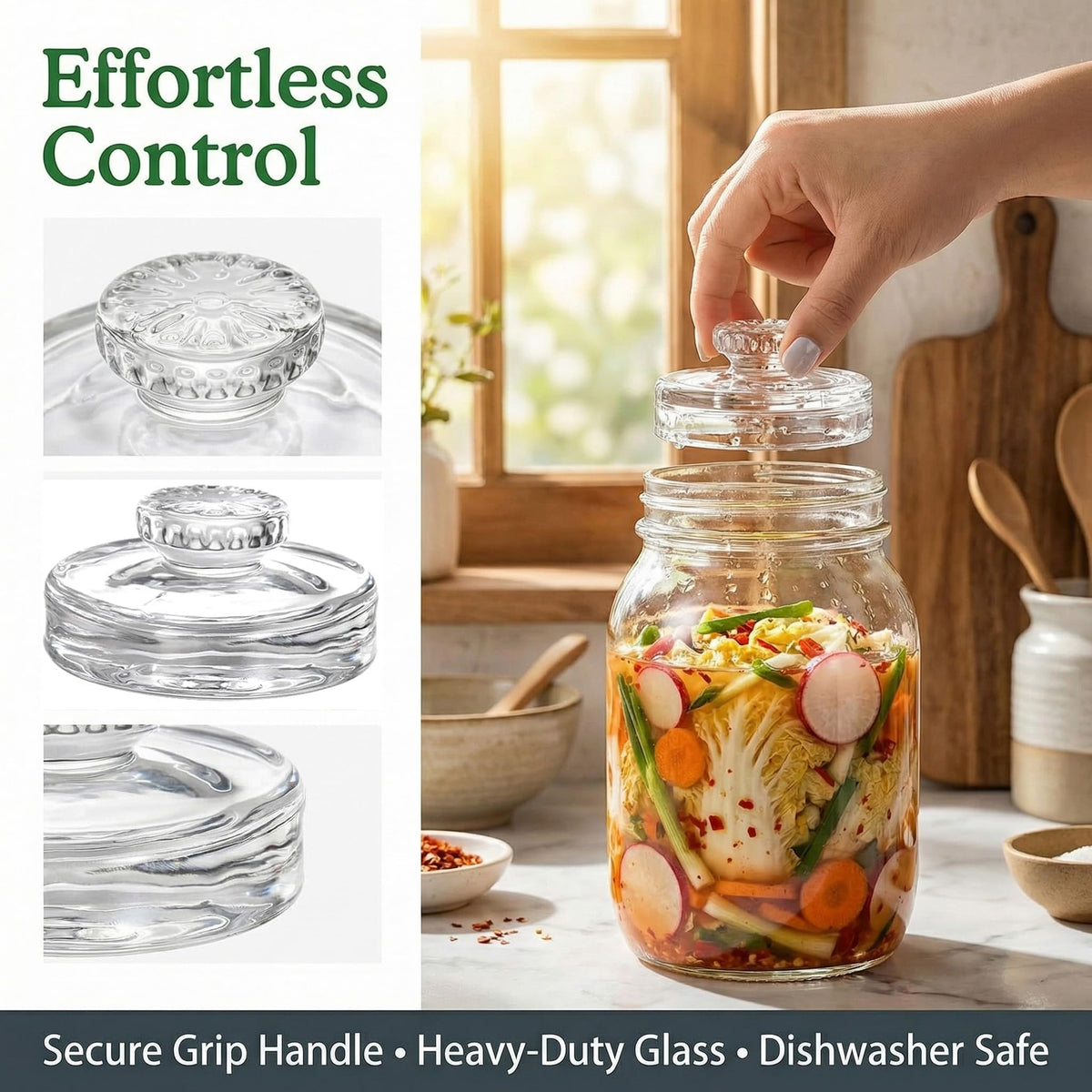 Cedilis weights keep cucumbers and cabbage fully submerged in brine.