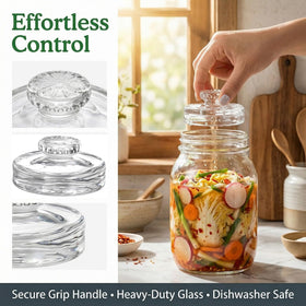 Cedilis weights keep cucumbers and cabbage fully submerged in brine.