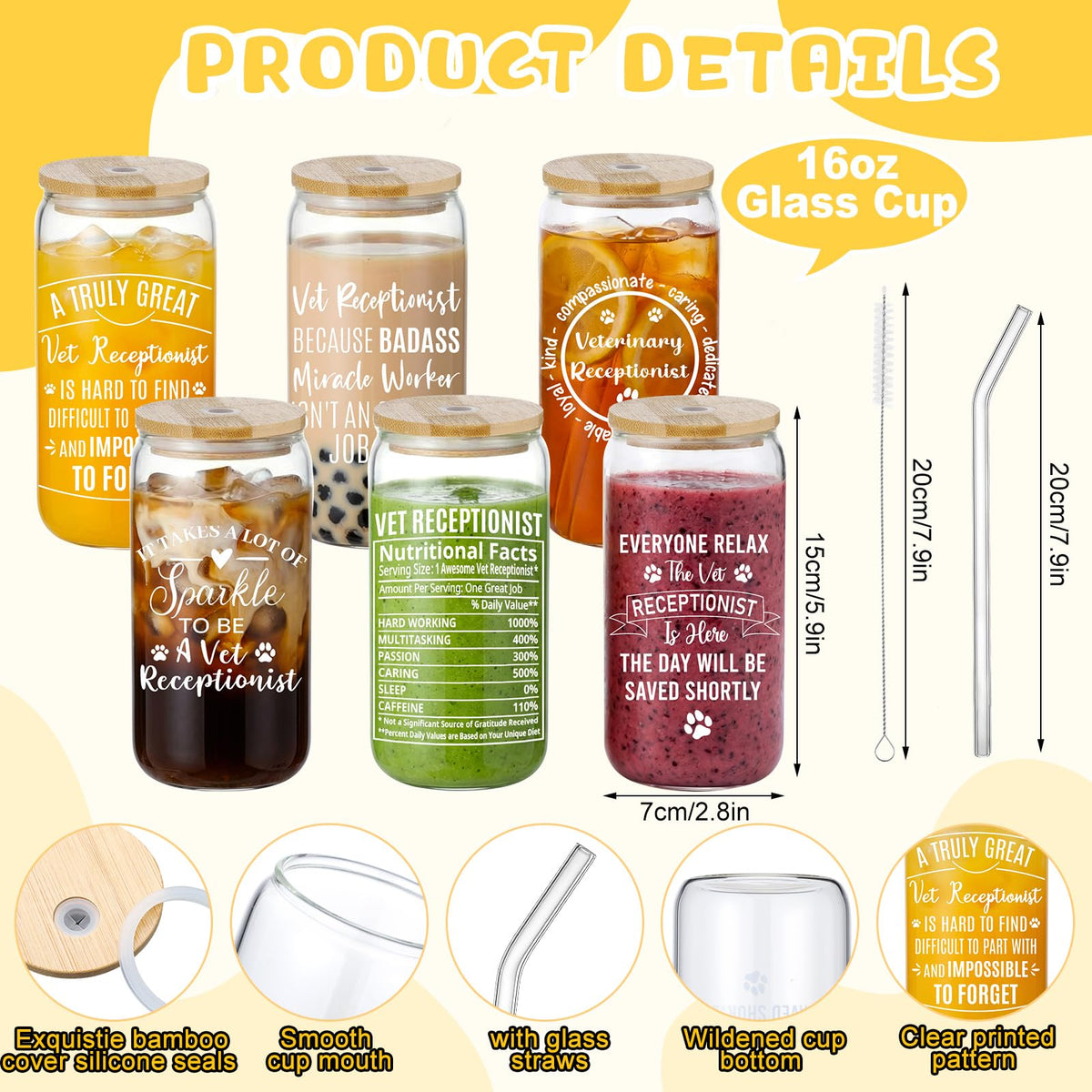 Ceenna glass cup with straw and cleaning brush for easy maintenance