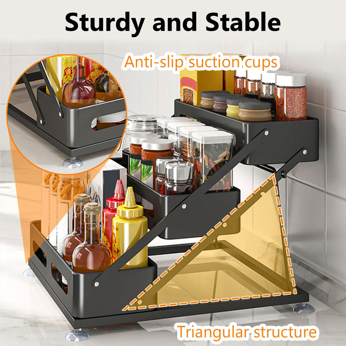 Ceetug 3-tier spice rack fits neatly in a cabinet for compact storage.
