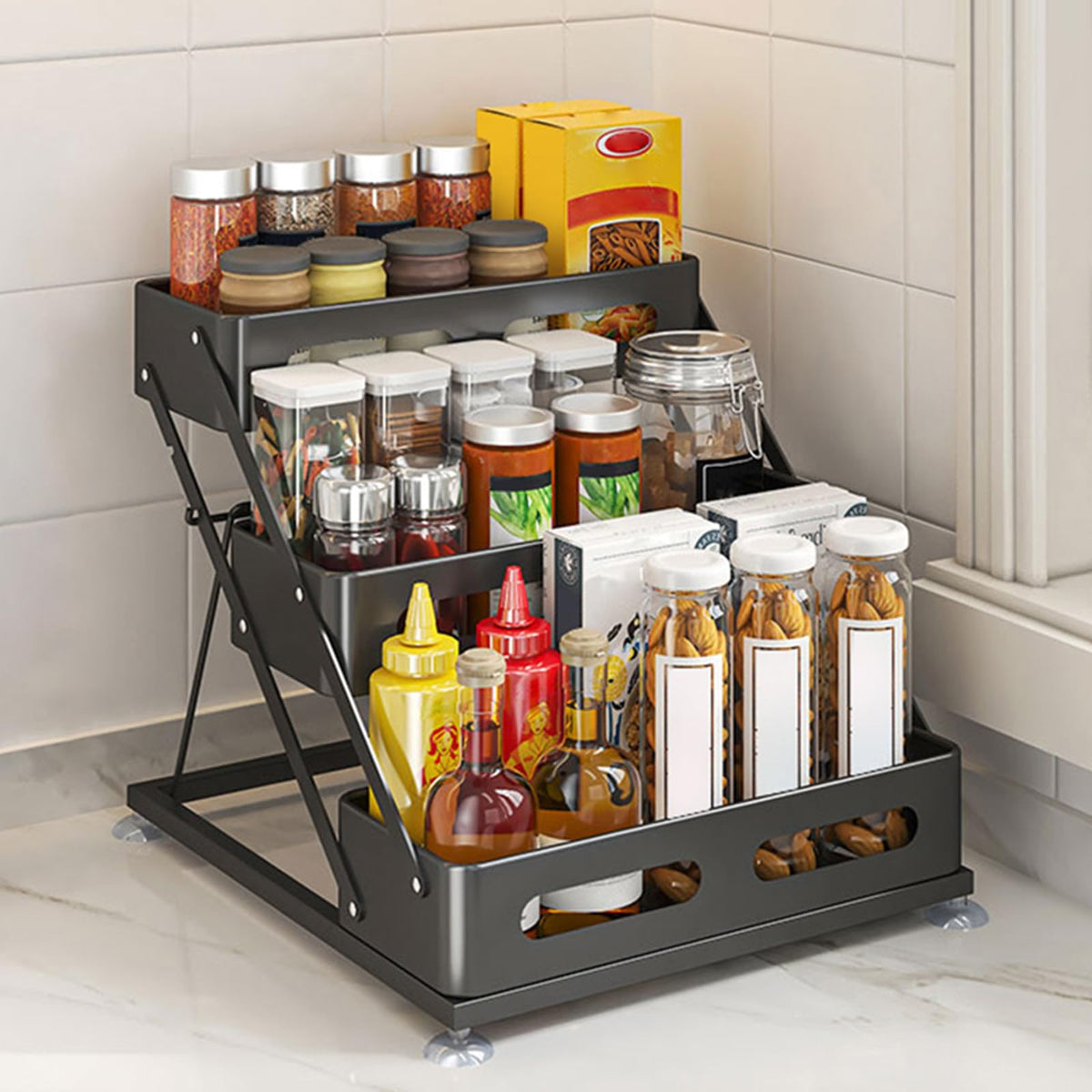 Ceetug 3-tier foldable spice rack on the countertop keeps jars neatly organized.