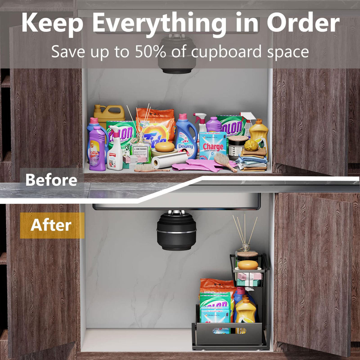 Ceetug bottom shelf stores spray bottles neatly and accessibly.