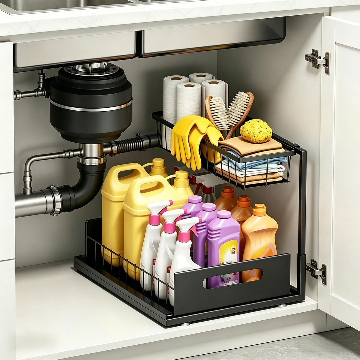 Ceetug two-tier slide-out under-sink organizer for easy access under cabinets.