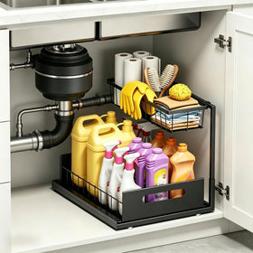 Ceetug two-tier slide-out under-sink organizer for easy access under cabinets.