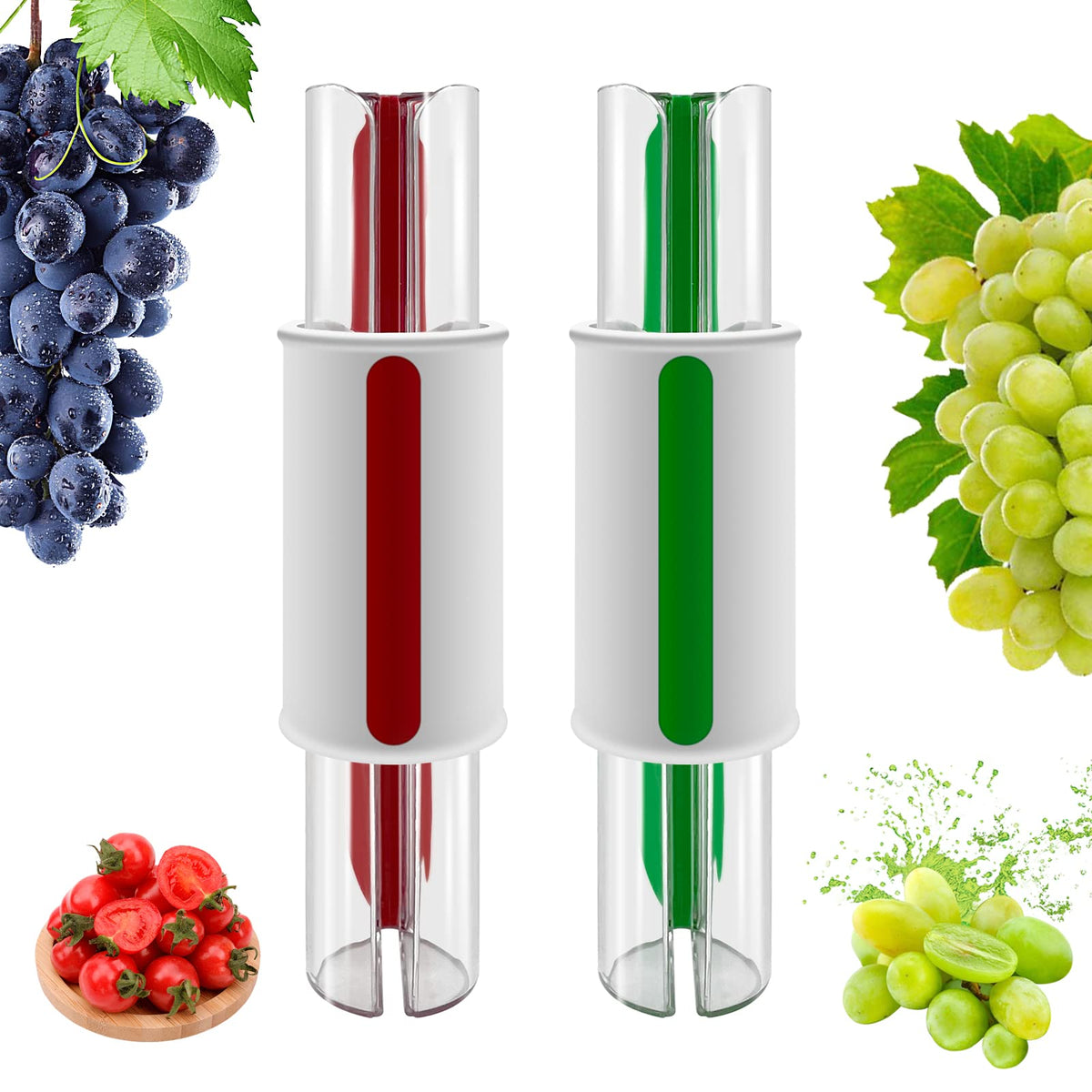 CEHNCEH Grape Cutter showing small fruit being cut into two or four pieces.