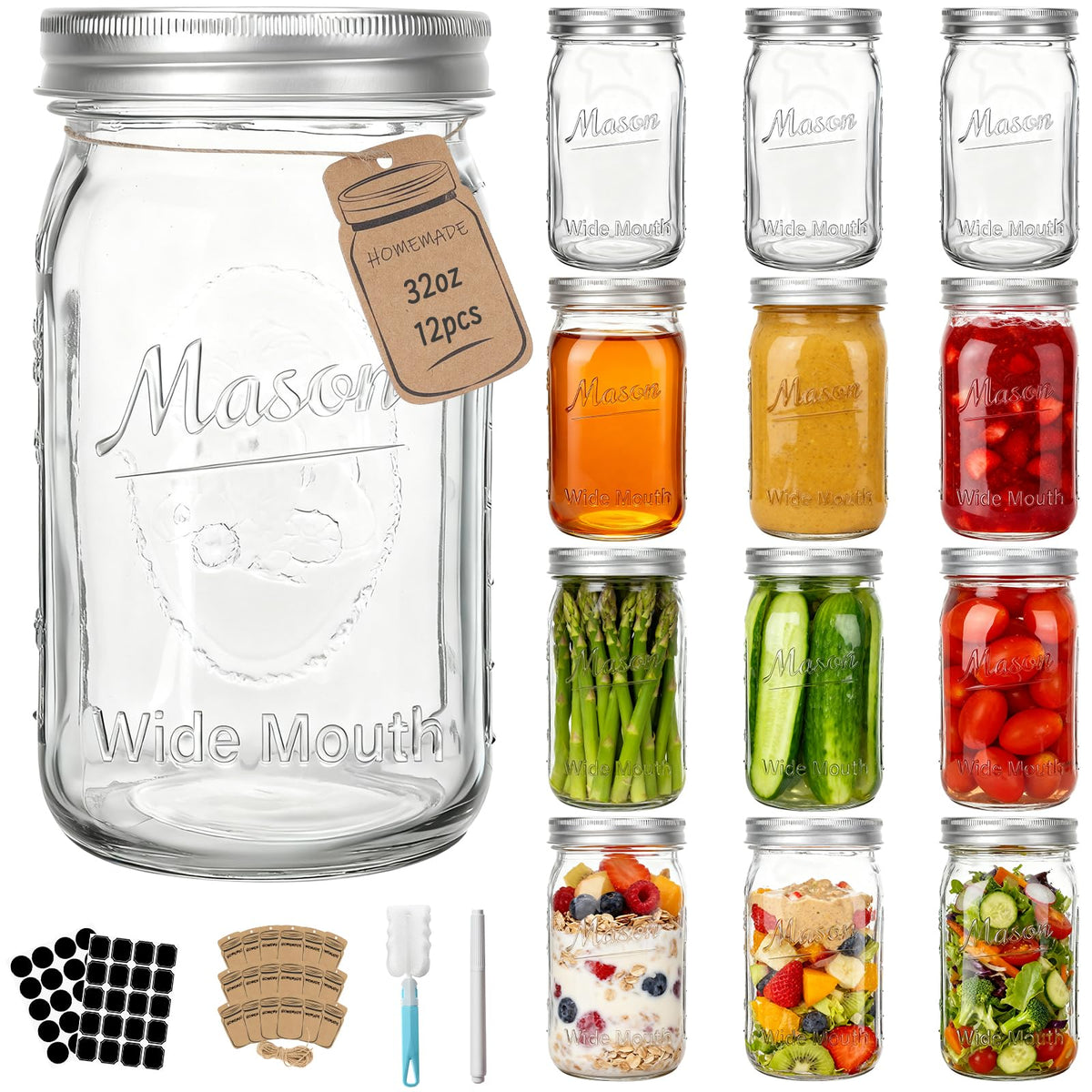 Cehomi wide-mouth mason jar 32oz empty glass for versatile storage and canning.