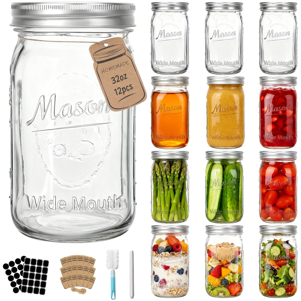 Cehomi wide-mouth mason jar 32oz empty glass for versatile storage and canning.